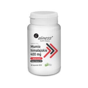 Biały słoiczek suplementu Aliness Shilajit Mumio Himalajskie 400 mg. Etykieta informuje o zawartości 90 wegańskich kapsułek i standaryzacji na 20% kwasów fulwowych.