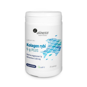 Kolagen rybi w proszku Aliness 5g Plus z siarką MSM i witaminą C -opakowanie produktu.